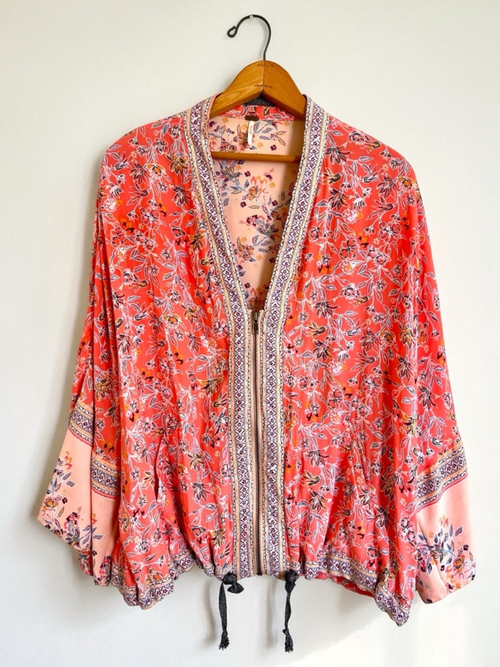Free People Coral Pink Floral Kimono Sleeve Zip Up Jacket